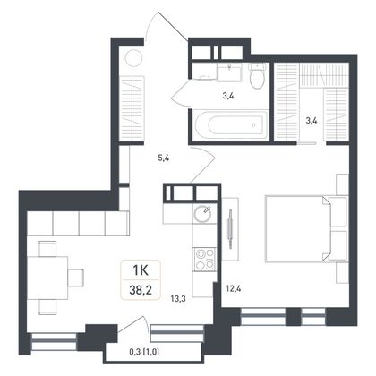 38,2 м², 1-комн. квартира, 4/8 этаж