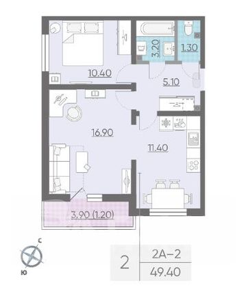 Продажа 2-комнатной квартиры 49,5 м², 3/25 этаж
