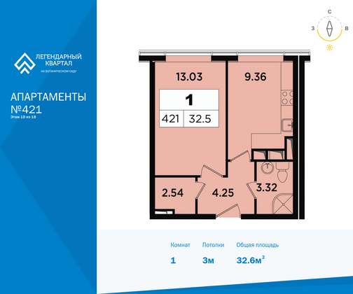 32,6 м², 1-комн. квартира, 18/18 этаж