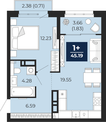 45,2 м², 1-комн. квартира, 3/23 этаж