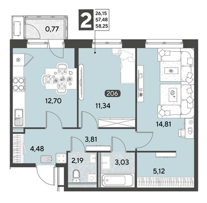 Продажа 2-комнатной квартиры 58,3 м², 3/25 этаж