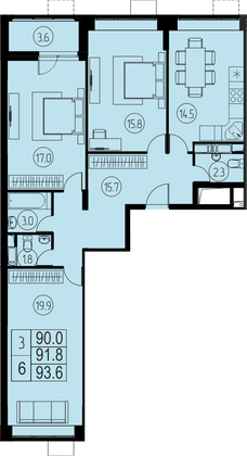 91,8 м², 3-комн. квартира, 16/17 этаж