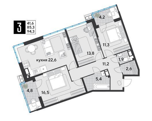 Продажа 3-комнатной квартиры 94,3 м², 17/18 этаж