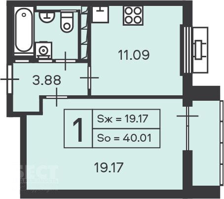 Продажа 1-комнатной квартиры 40 м², 9/19 этаж