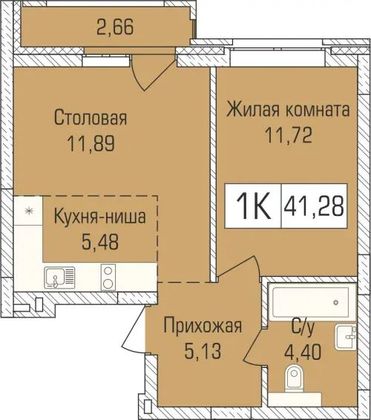 41,1 м², 1-комн. квартира, 1/9 этаж