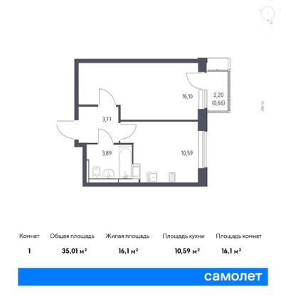 35 м², 1-комн. квартира, 11/17 этаж