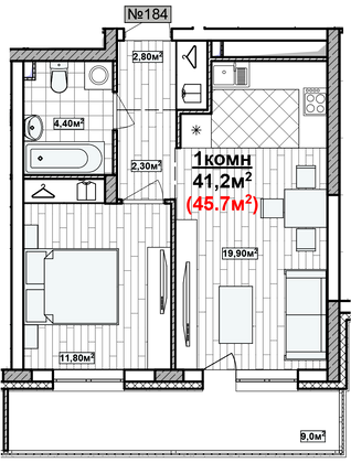 Продажа 1-комнатной квартиры 45,7 м², 14/19 этаж