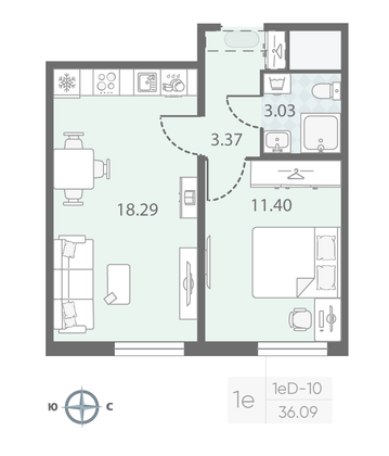 Продажа 1-комнатной квартиры 36,1 м², 4/23 этаж