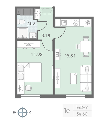 Продажа 1-комнатной квартиры 34,6 м², 23/23 этаж