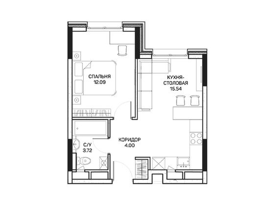 35,3 м², 1-комн. квартира, 2/8 этаж