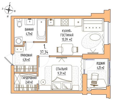 Продажа 1-комнатной квартиры 37,3 м², 2/17 этаж