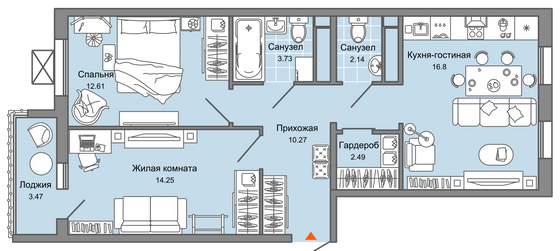 64 м², 3-комн. квартира, 6/7 этаж