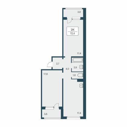 72,4 м², 2-комн. квартира, 7/17 этаж