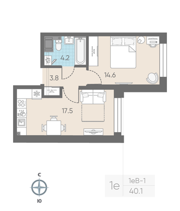 Продажа 1-комнатной квартиры 40,1 м², 7/11 этаж