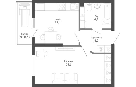 37,8 м², 1-комн. квартира, 1/23 этаж