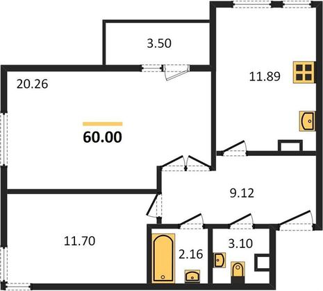 Продажа 2-комнатной квартиры 60 м², 3/15 этаж