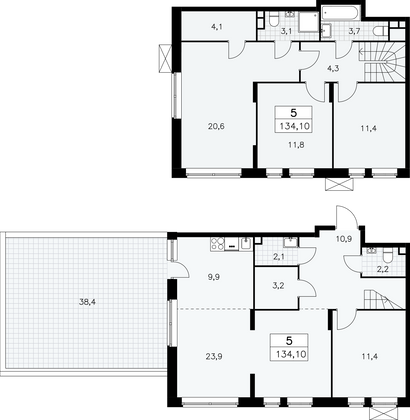 134,1 м², 5-комн. квартира, 2/12 этаж