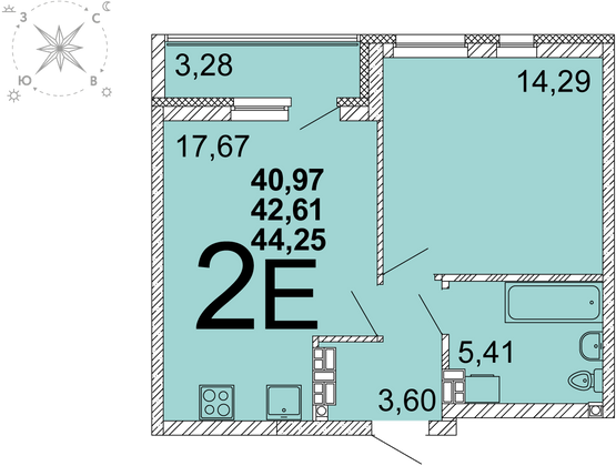 42,2 м², 1-комн. квартира, 31 этаж