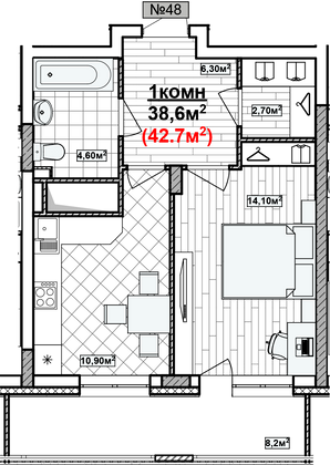 Продажа 1-комнатной квартиры 42,7 м², 10/19 этаж