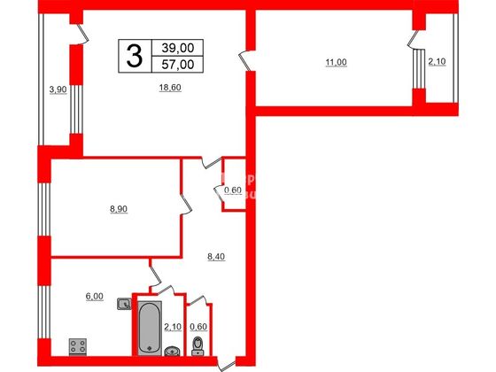 Продажа 3-комнатной квартиры 57 м², 5/9 этаж