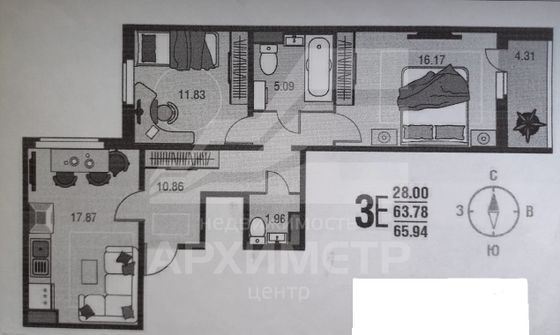 Продажа 2-комнатной квартиры 65,9 м², 12/17 этаж
