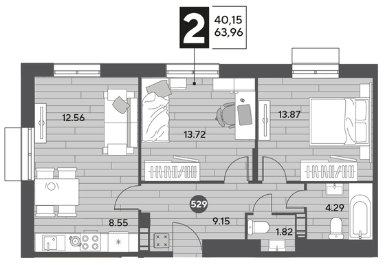 Продажа 2-комнатной квартиры 64 м², 12/15 этаж