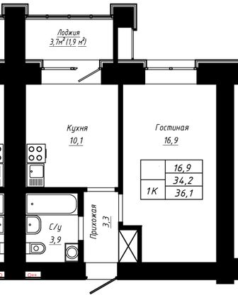 Продажа 1-комнатной квартиры 36,1 м², 4/16 этаж