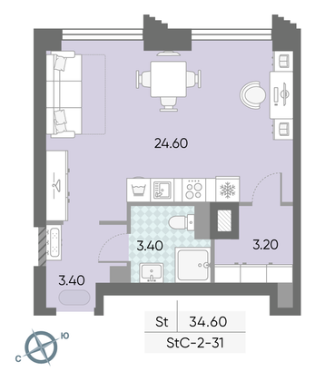 Продажа квартиры-студии 34,6 м², 31/58 этаж