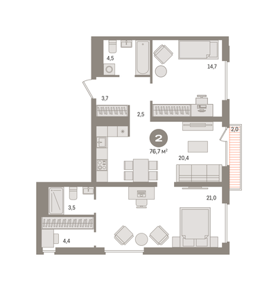 76,7 м², 2-комн. квартира, 13/14 этаж