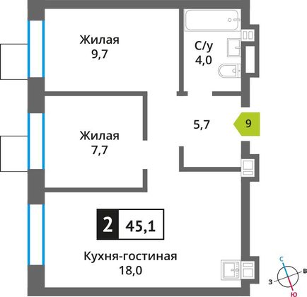 Продажа 2-комнатной квартиры 45,1 м², 2/6 этаж