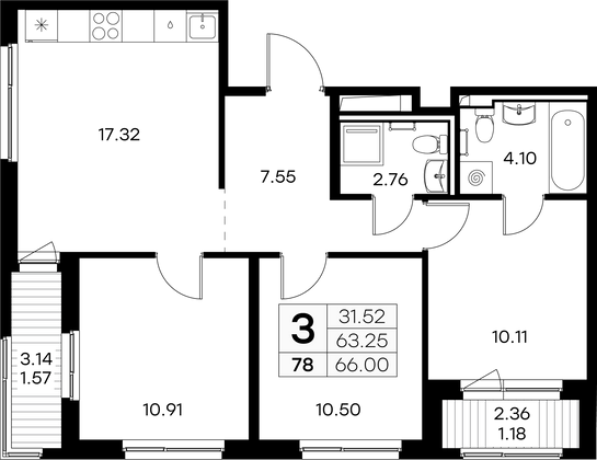 66 м², 3-комн. квартира, 6/9 этаж