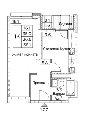 38,1 м², 1-комн. квартира, 2/21 этаж