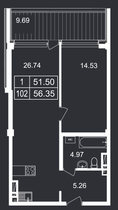 Продажа 1-комнатной квартиры 56,3 м², 6/8 этаж