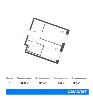 34 м², 1-комн. квартира, 1/9 этаж