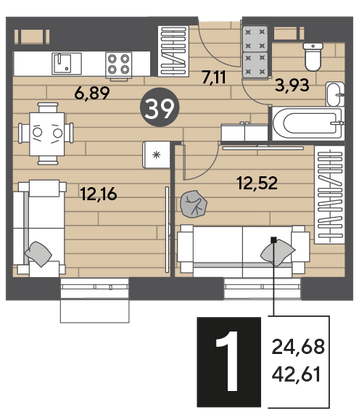 Продажа 1-комнатной квартиры 42,6 м², 9/9 этаж
