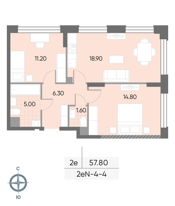 Продажа 2-комнатной квартиры 57,8 м², 4/30 этаж