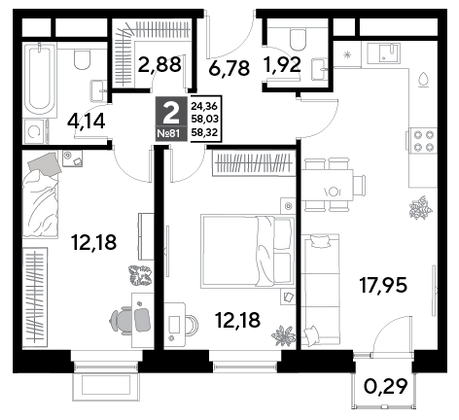 Продажа 2-комнатной квартиры 58,3 м², 8/25 этаж