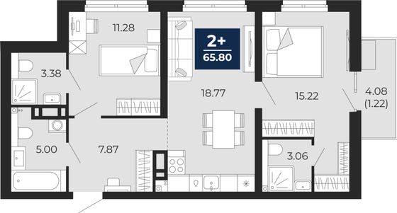 65,8 м², 2-комн. квартира, 4/12 этаж