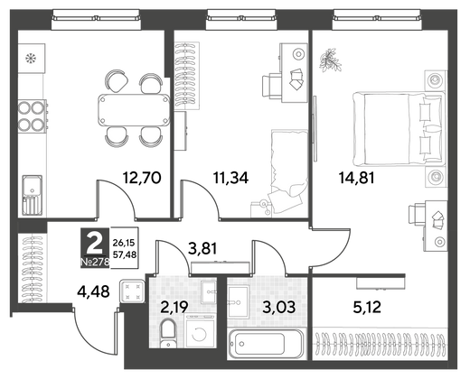 Продажа 2-комнатной квартиры 57,5 м², 12/25 этаж