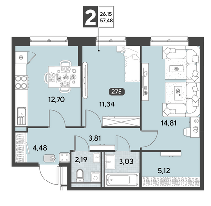 Продажа 2-комнатной квартиры 57,5 м², 12/25 этаж