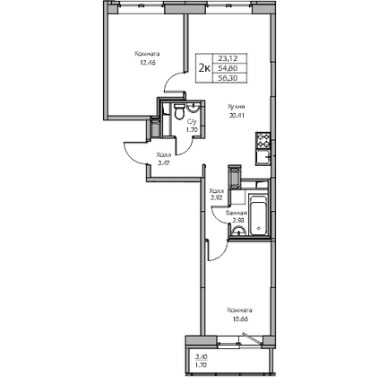 Продажа 2-комнатной квартиры 54,6 м², 8/23 этаж