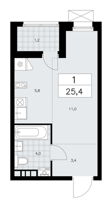 25,4 м², своб. планировка, 5/12 этаж