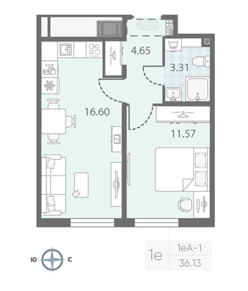 Продажа 1-комнатной квартиры 36,1 м², 3/23 этаж