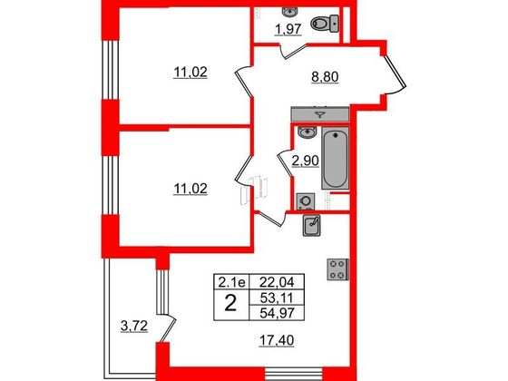 Продажа 2-комнатной квартиры 53,1 м², 2/5 этаж