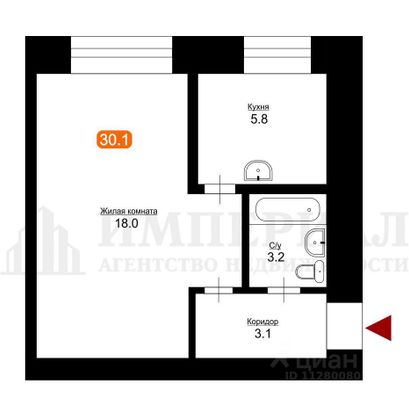 Продажа 1-комнатной квартиры 30,1 м², 1/5 этаж