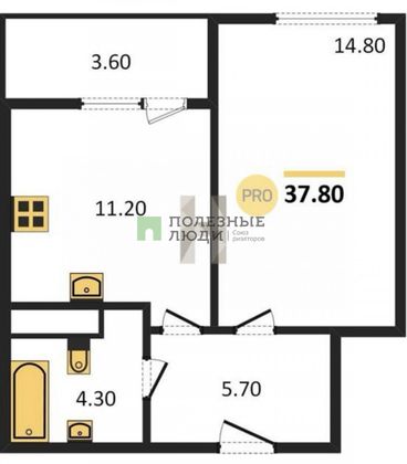 Продажа 1-комнатной квартиры 37,9 м², 14/17 этаж