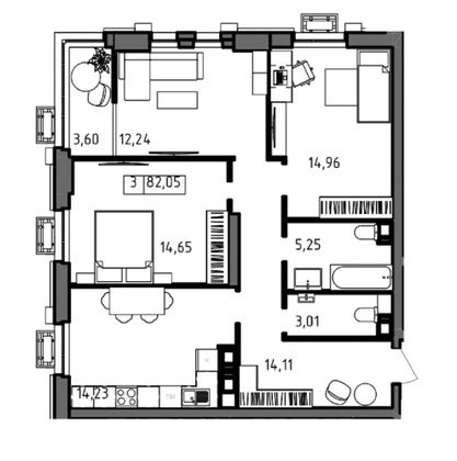 Продажа 3-комнатной квартиры 82,1 м², 8/23 этаж