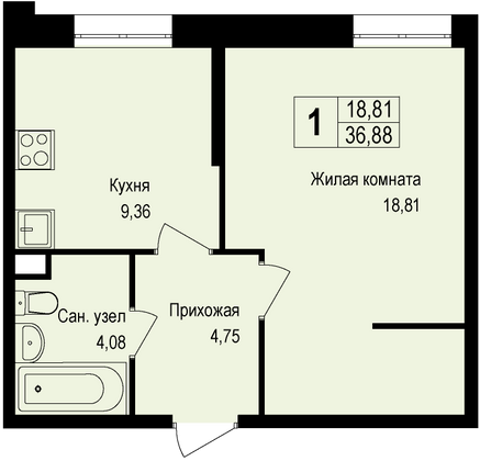 36,8 м², 1-комн. квартира, 1/6 этаж