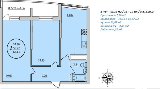Продажа 2-комнатной квартиры 63 м², 2/20 этаж