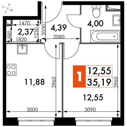 35,2 м², 1-комн. квартира, 2/15 этаж